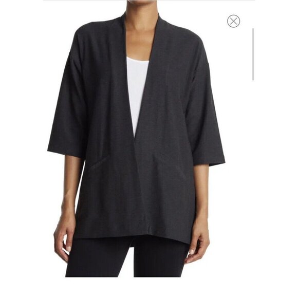 NWT EILEEN FISHER Charcoal High Collar Boxy Jacket Open Stretch Crepe MEDIUM